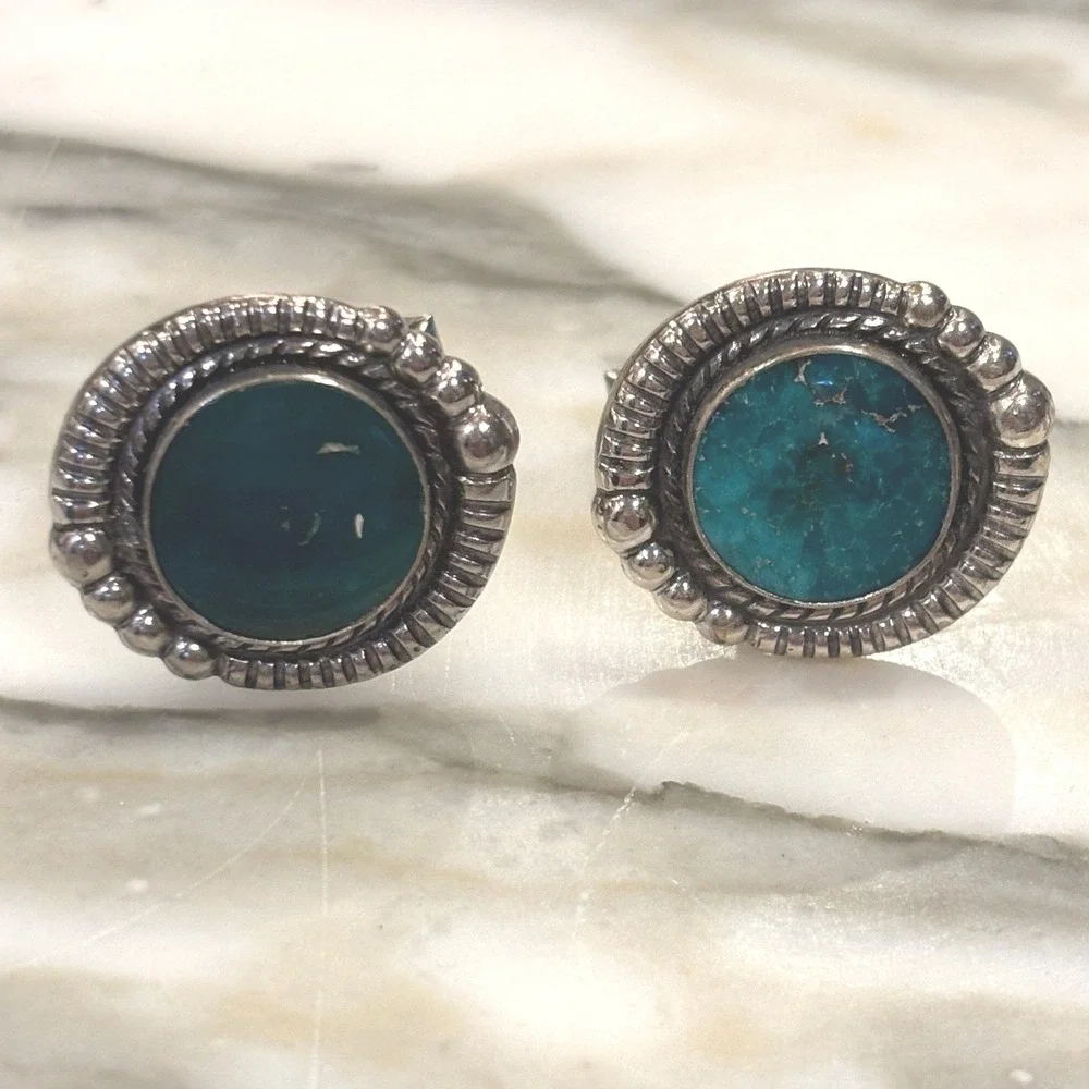 Dante Vintage 925 Sterling Silver Genuine Jade Round Southwestern Cufflinks